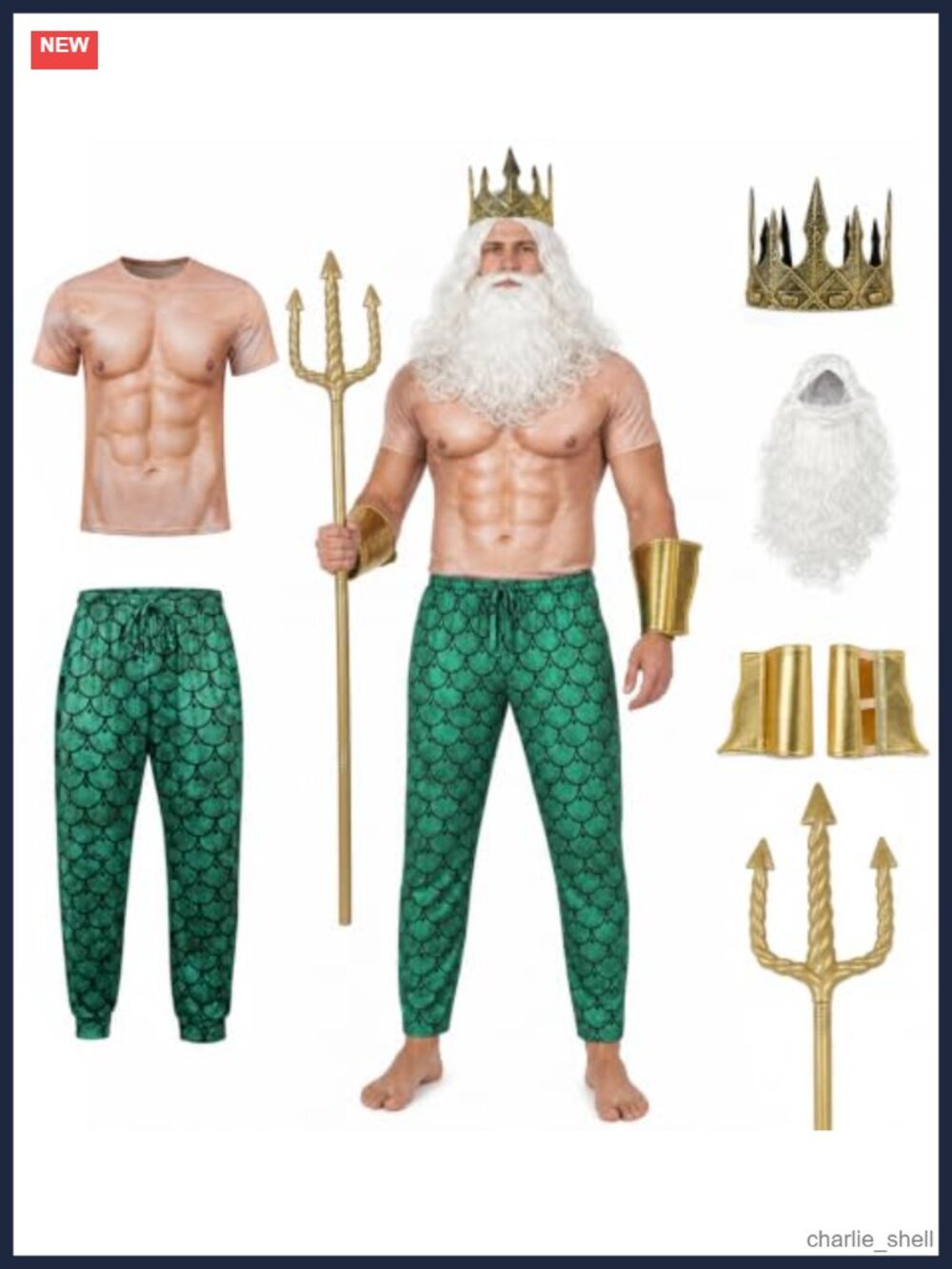 Poseidon Costume for Men Neptune Sea God Kit with Trident Halloween Cosplay